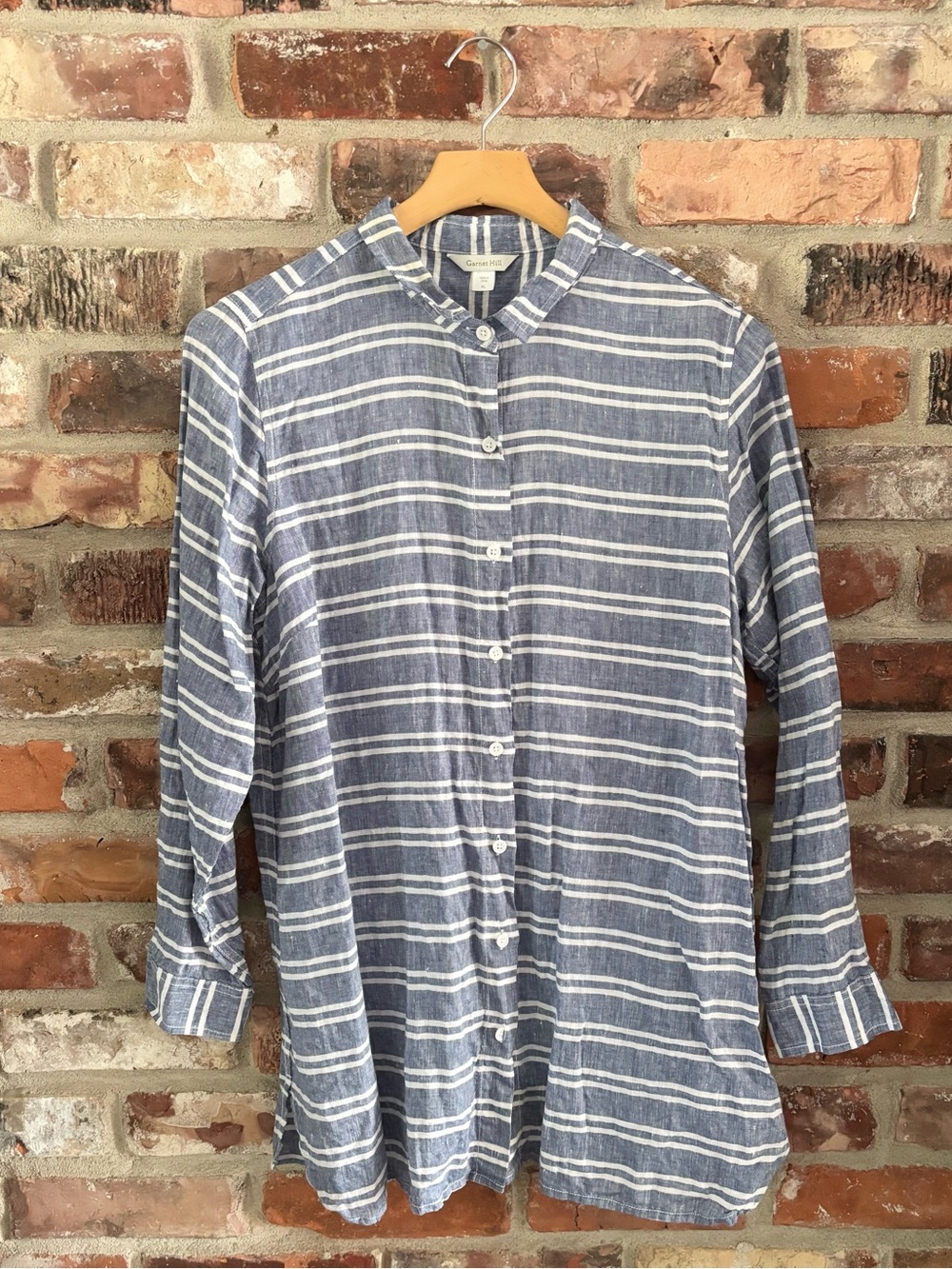 Garnet Hill 100% Linen Button Up Long Sleeve Tunic Shirt Top, Large Petite